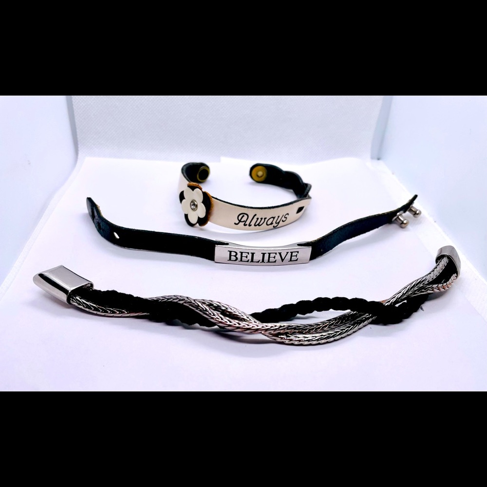 Set of three leather inspirational bracelets
